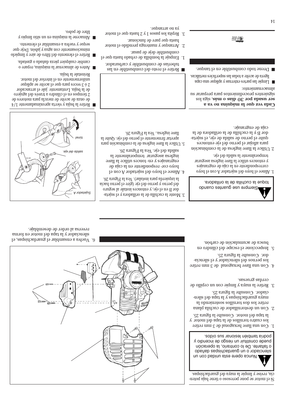 Mantenimiento de la maya guar dachispas, Reemplazar la cuc hilla de la orilladora, Almacenamiento de largo plaz o | Shindaiwa 81719 User Manual | Page 23 / 36