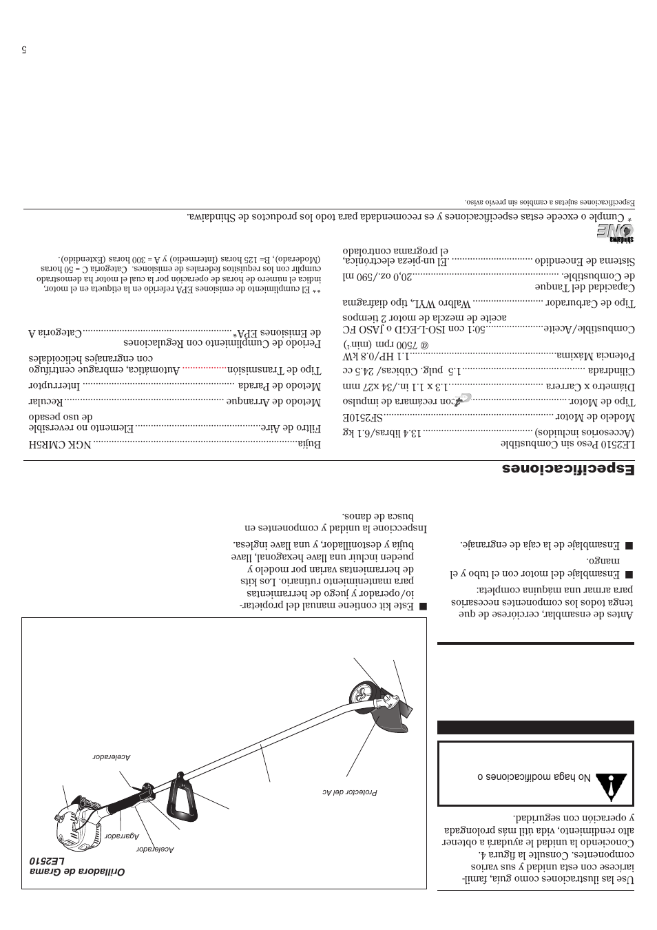 Des cri pci ón del p rod uct o, Especificaciones | Shindaiwa 81719 User Manual | Page 32 / 36