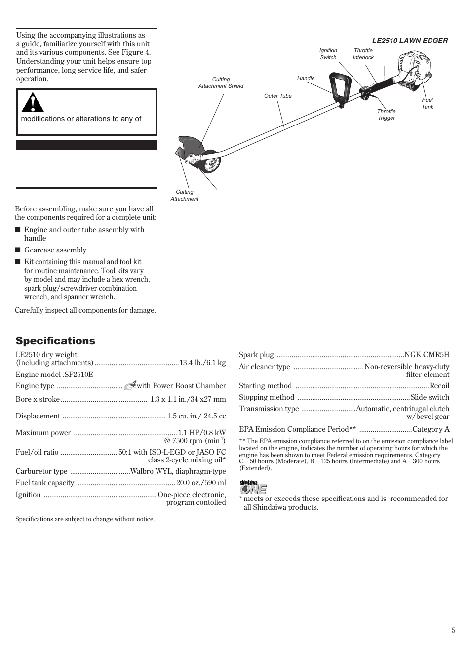 Product description, Specifications | Shindaiwa 81719 User Manual | Page 5 / 36