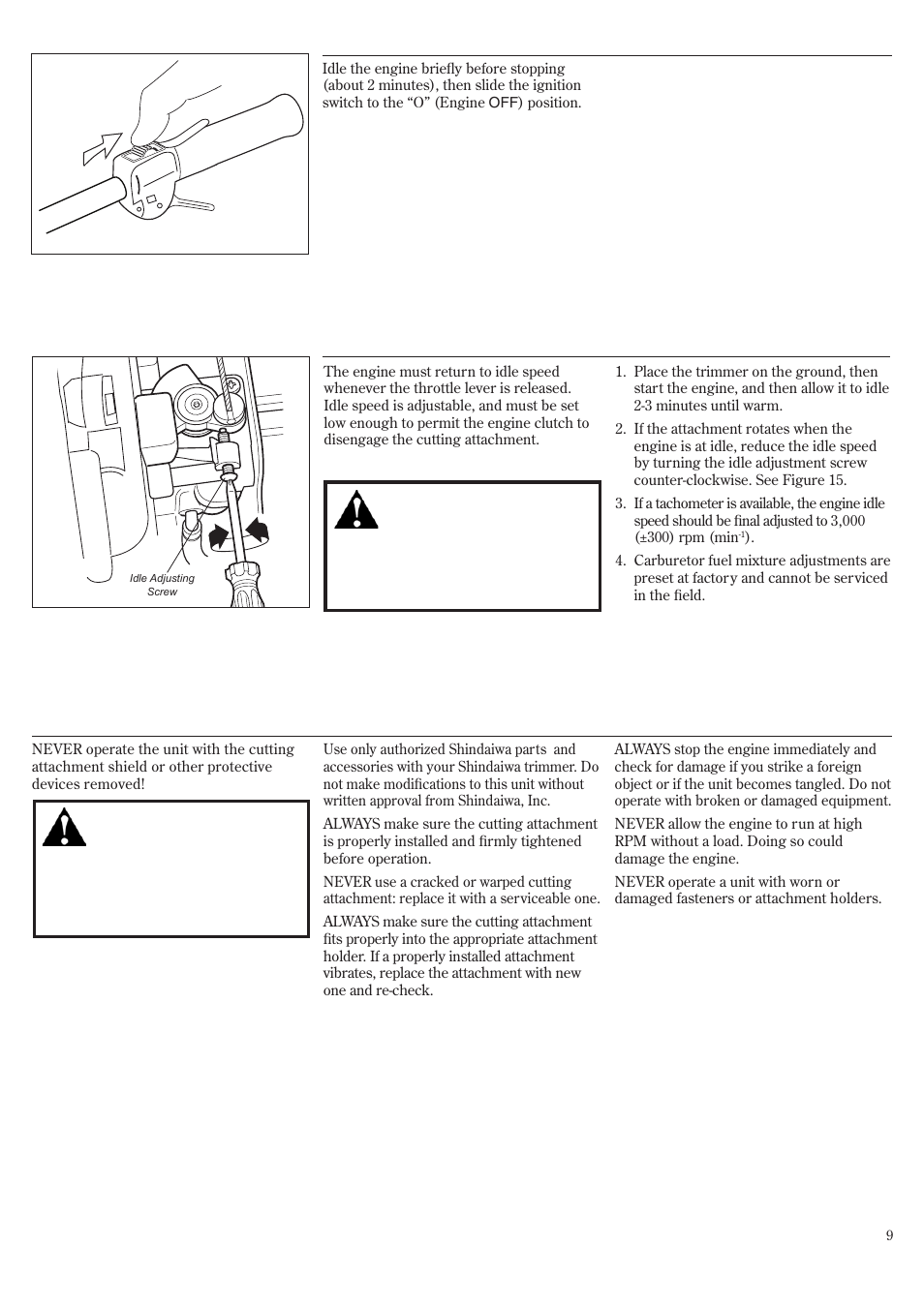 Stopping the engine adjusting engine idle, Checking unit condition | Shindaiwa 81719 User Manual | Page 9 / 36