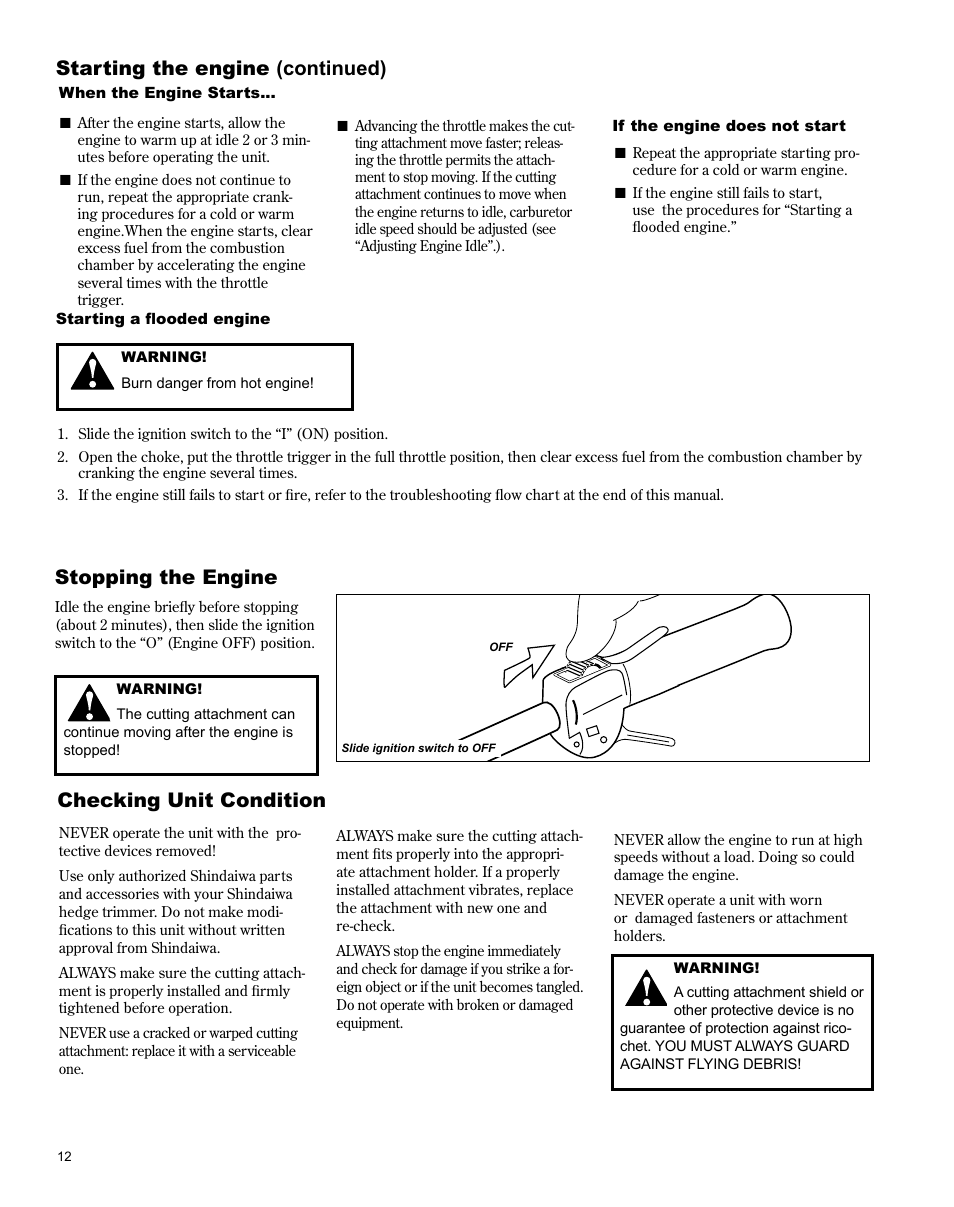 Stopping the engine checking unit condition, Starting the engine (continued) | Shindaiwa AH242 User Manual | Page 12 / 28