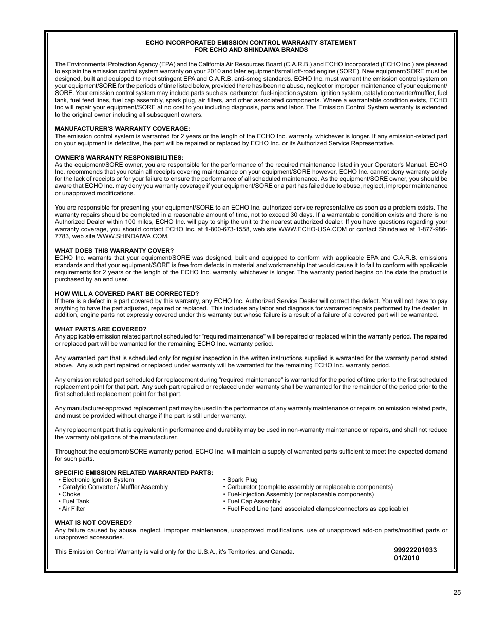 Déclaration de garantie limi- tée | Shindaiwa AH242 User Manual | Page 25 / 28