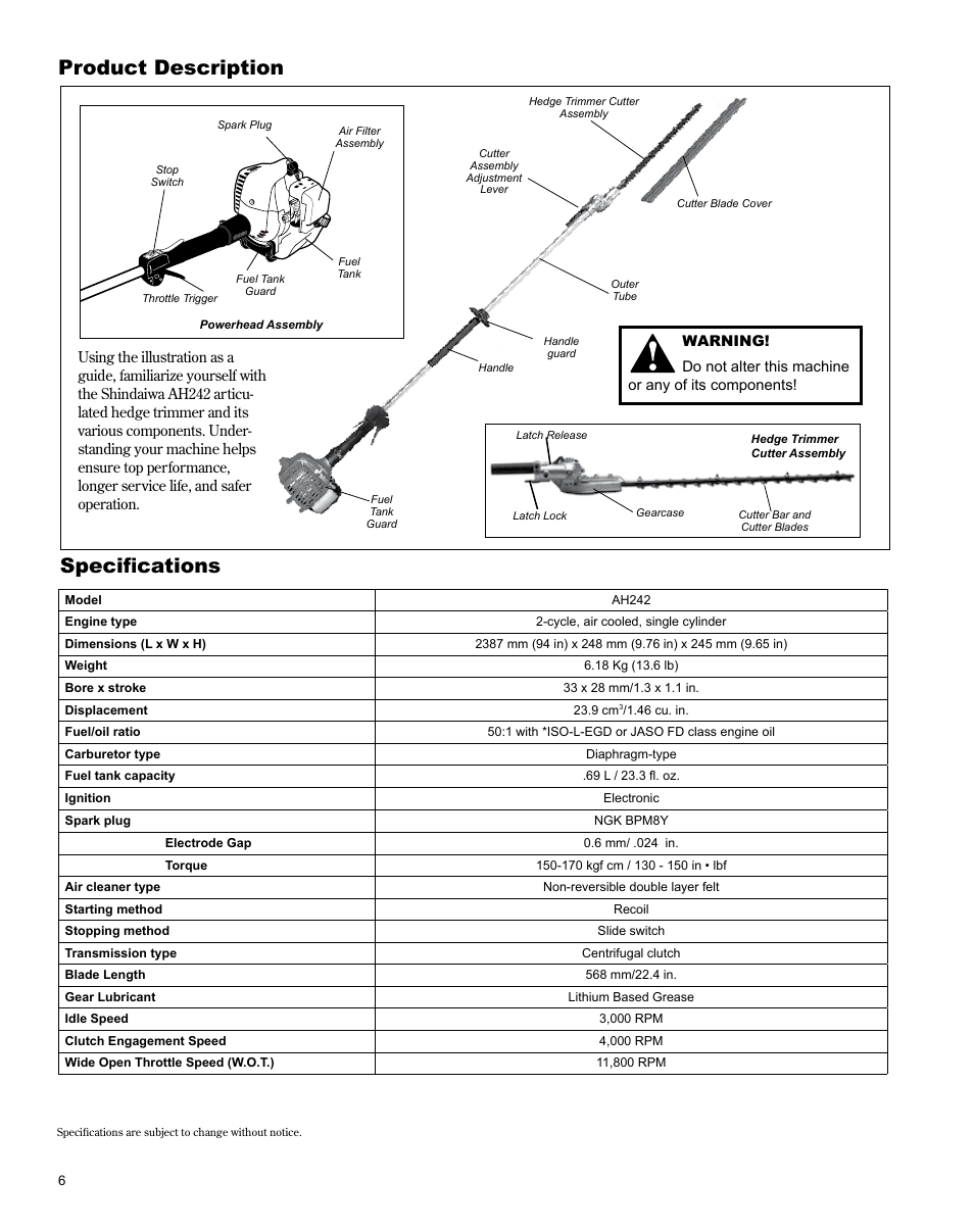 Product description, Specifications | Shindaiwa AH242 User Manual | Page 6 / 28