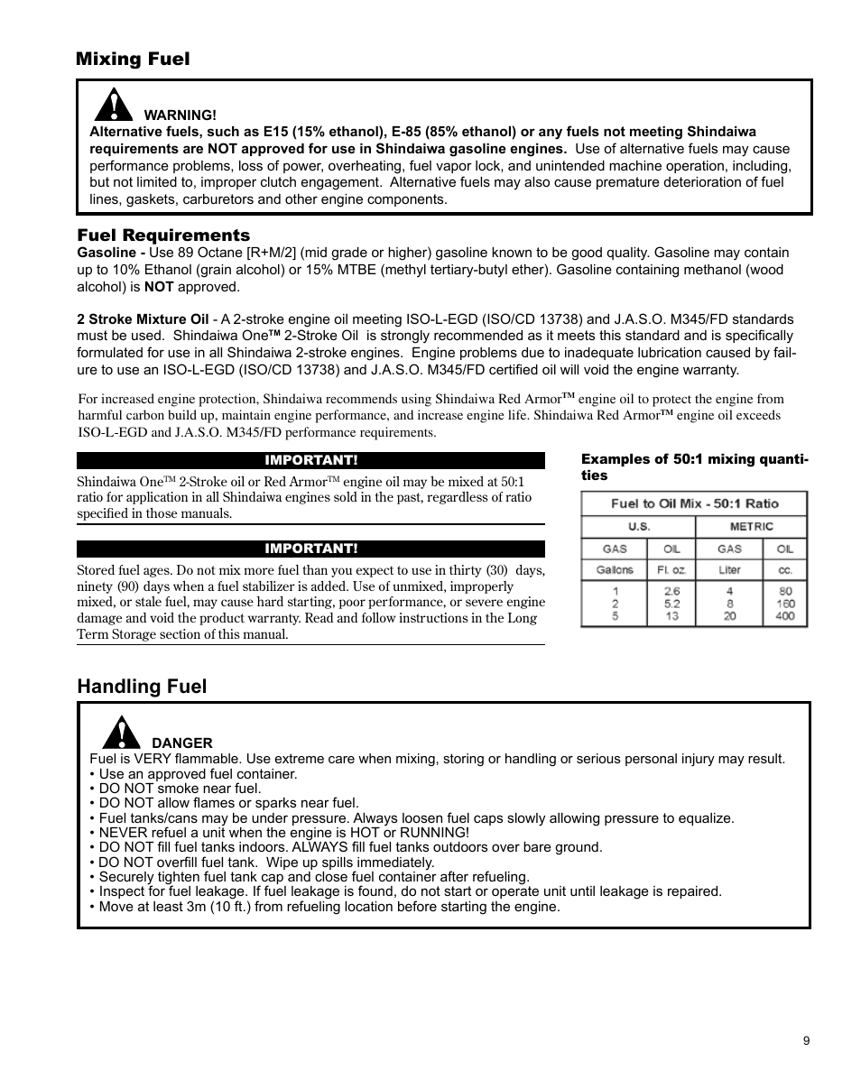 Handling fuel, Mixing fuel | Shindaiwa AH242 User Manual | Page 9 / 28