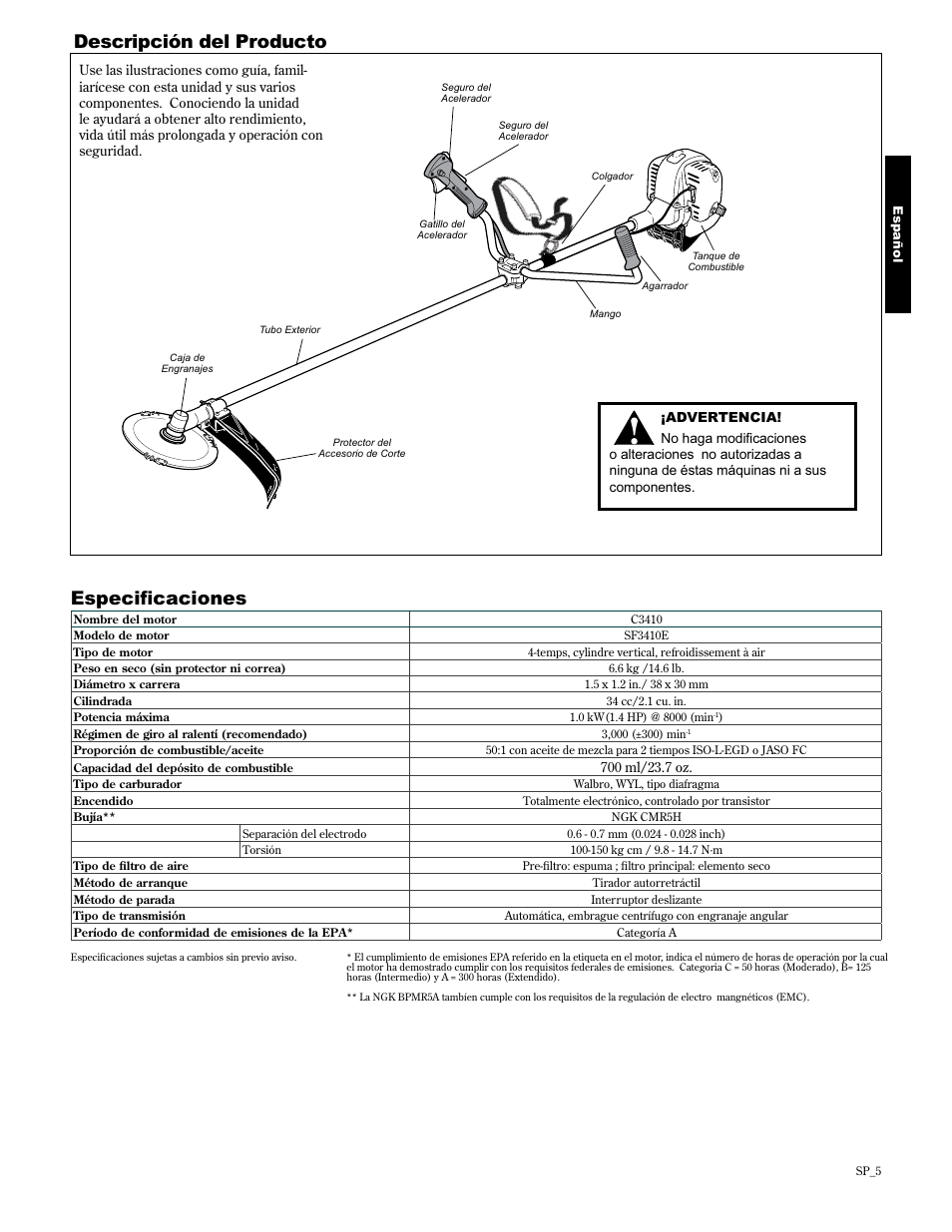 Descripción del producto, Vshflàfdflrqhv | Shindaiwa 89304 User Manual | Page 29 / 72