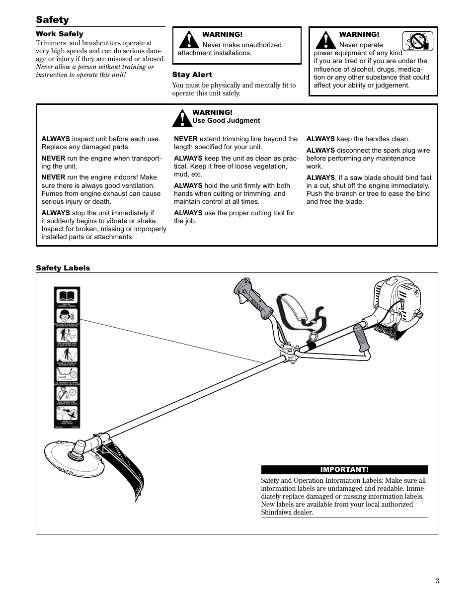 Safety | Shindaiwa 89304 User Manual | Page 3 / 72