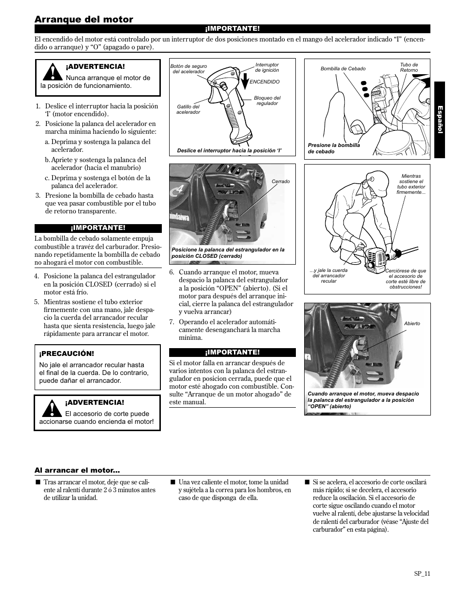 Arranque del motor | Shindaiwa 89304 User Manual | Page 35 / 72