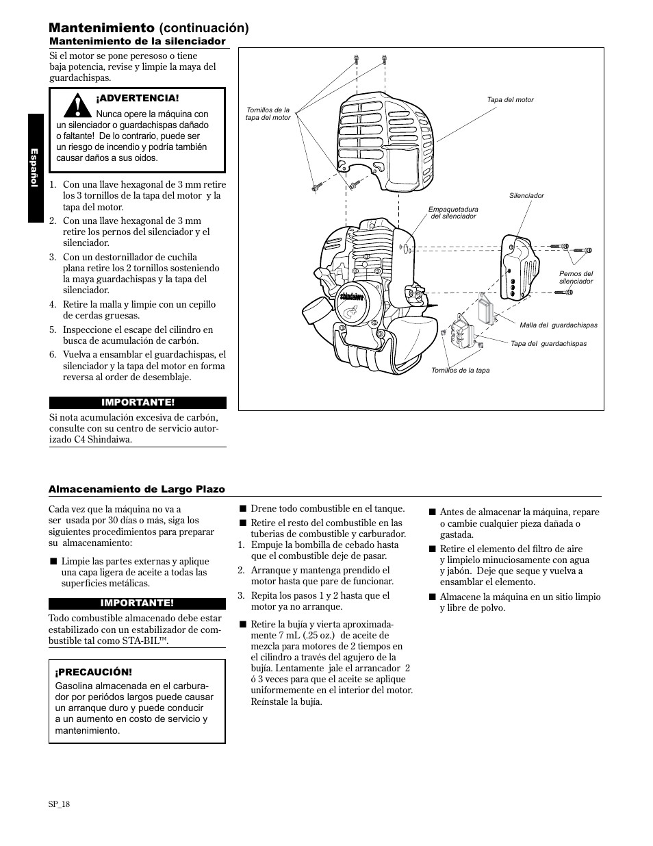 Mantenimiento (continuación) | Shindaiwa 89304 User Manual | Page 42 / 72