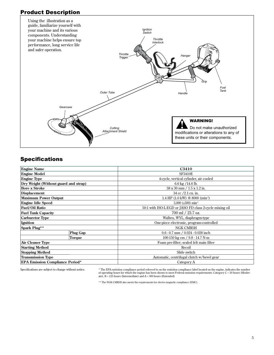 Product description, 6shflàfdwlrqv | Shindaiwa 89304 User Manual | Page 5 / 72