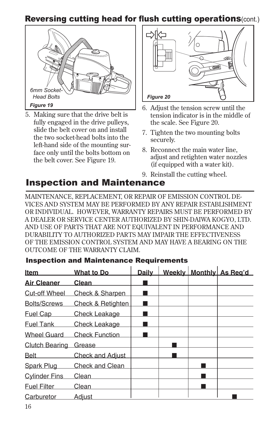 Inspection and maintenance, Tions, Reversing cutting head for ﬂush cutting opera | Shindaiwa 68006-94310 User Manual | Page 16 / 28