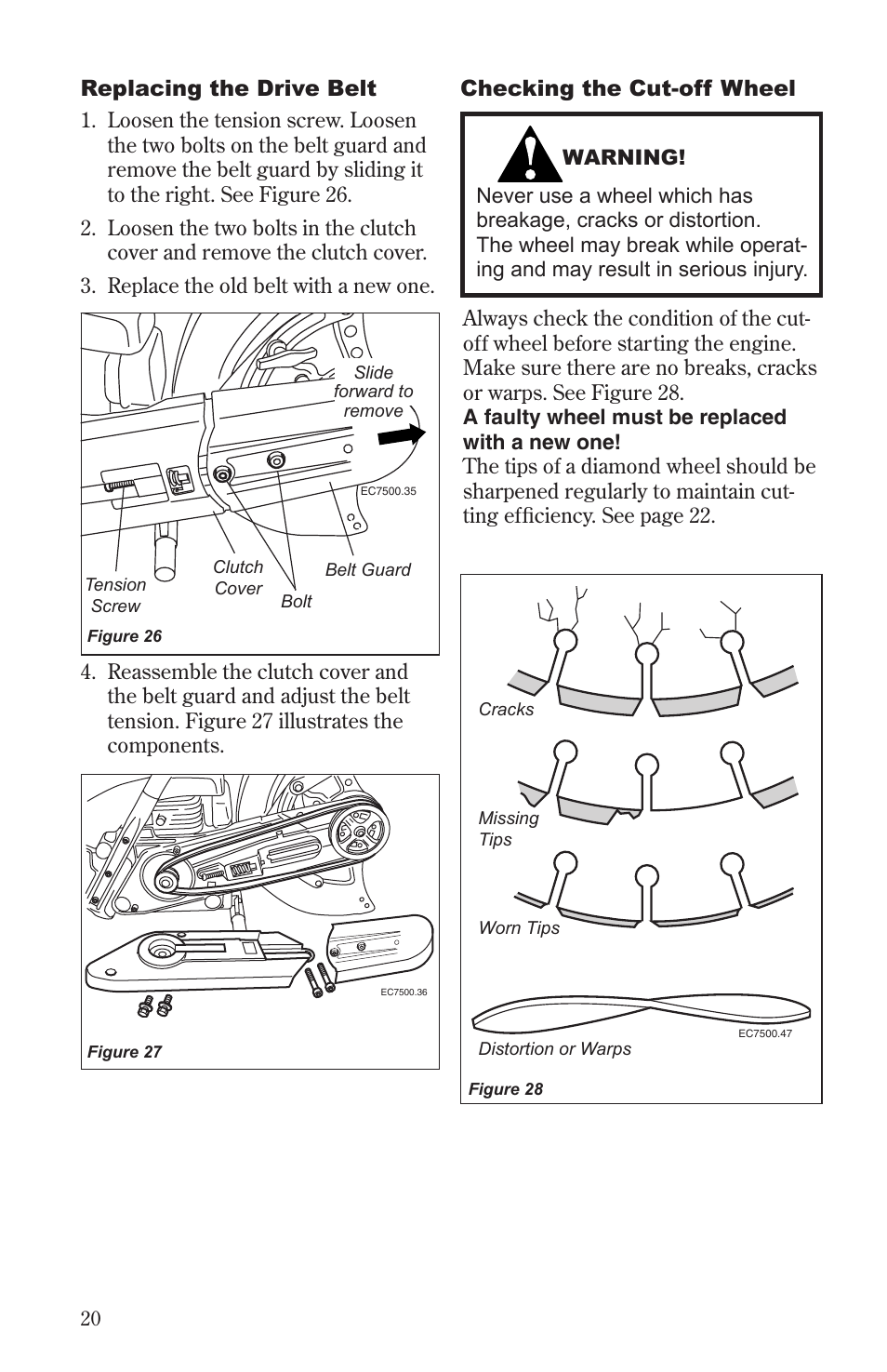 Replacing the drive belt, Checking the cut-off wheel | Shindaiwa 68006-94310 User Manual | Page 20 / 28