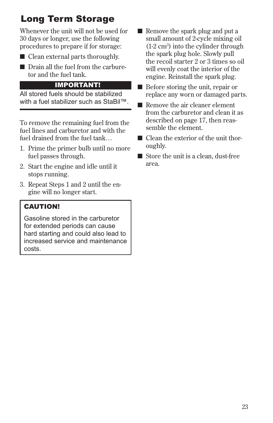 Long term storage | Shindaiwa 68006-94310 User Manual | Page 23 / 28