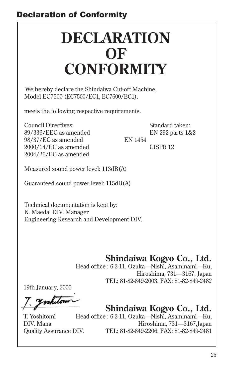 Declaration of conformity, Shindaiwa kogyo co., ltd | Shindaiwa 68006-94310 User Manual | Page 25 / 28