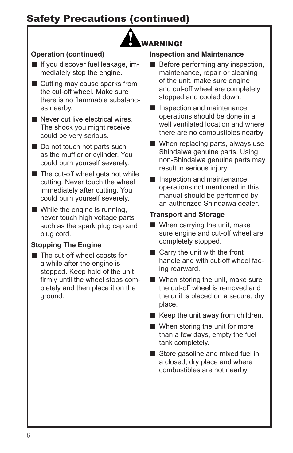 Safety precautions (continued) | Shindaiwa 68006-94310 User Manual | Page 6 / 28