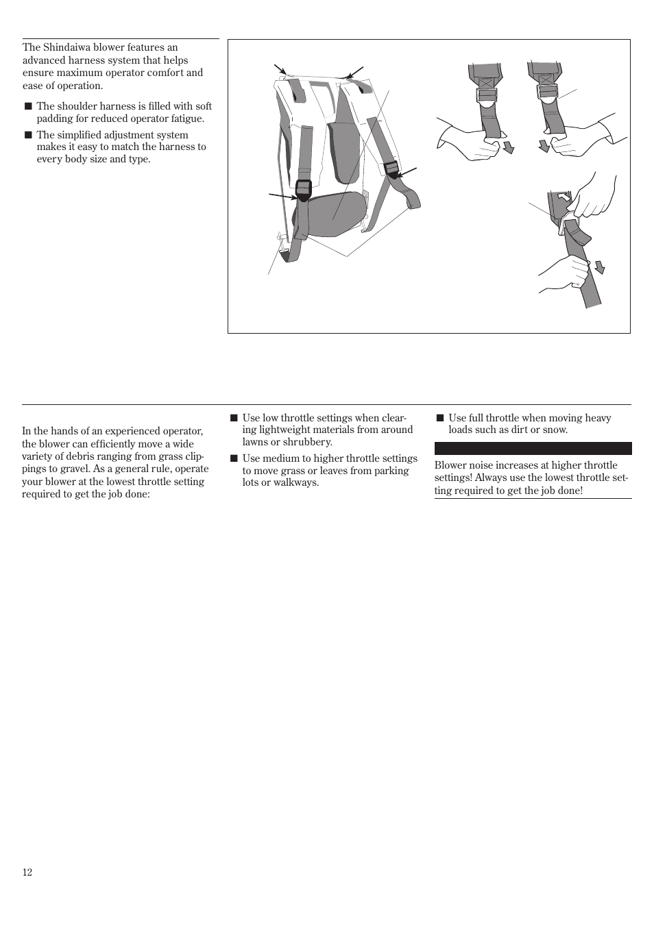 Adjusting the harness, Using the blower | Shindaiwa EB802RT User Manual | Page 12 / 60