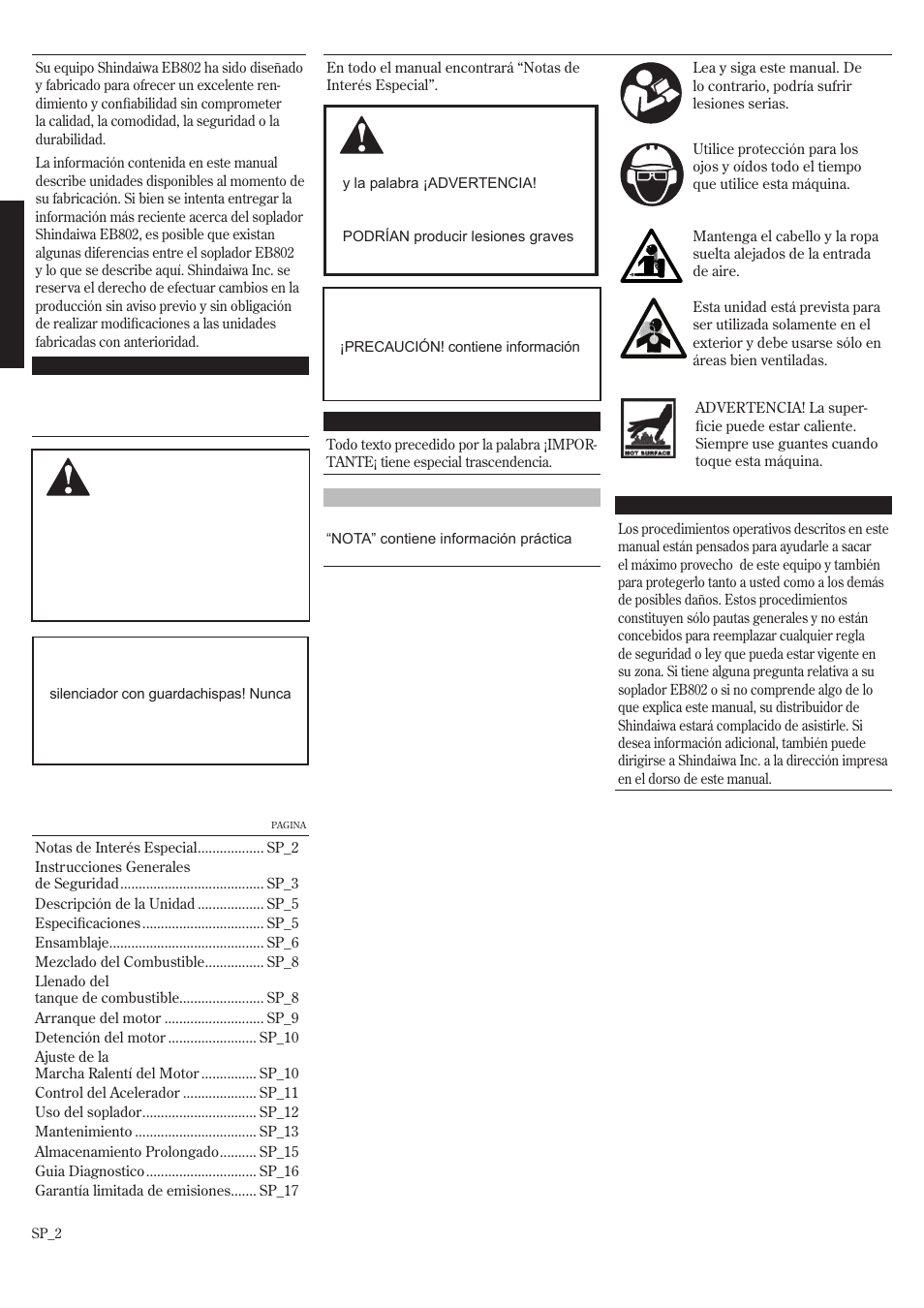 Introducción, Notas de interés especial, Índice | Shindaiwa EB802RT User Manual | Page 22 / 60