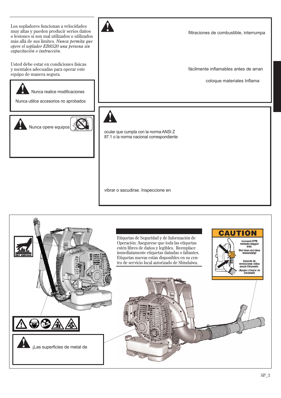 Instrucciones generales de seguridad, Etiquetas de seguridad | Shindaiwa EB802RT User Manual | Page 23 / 60