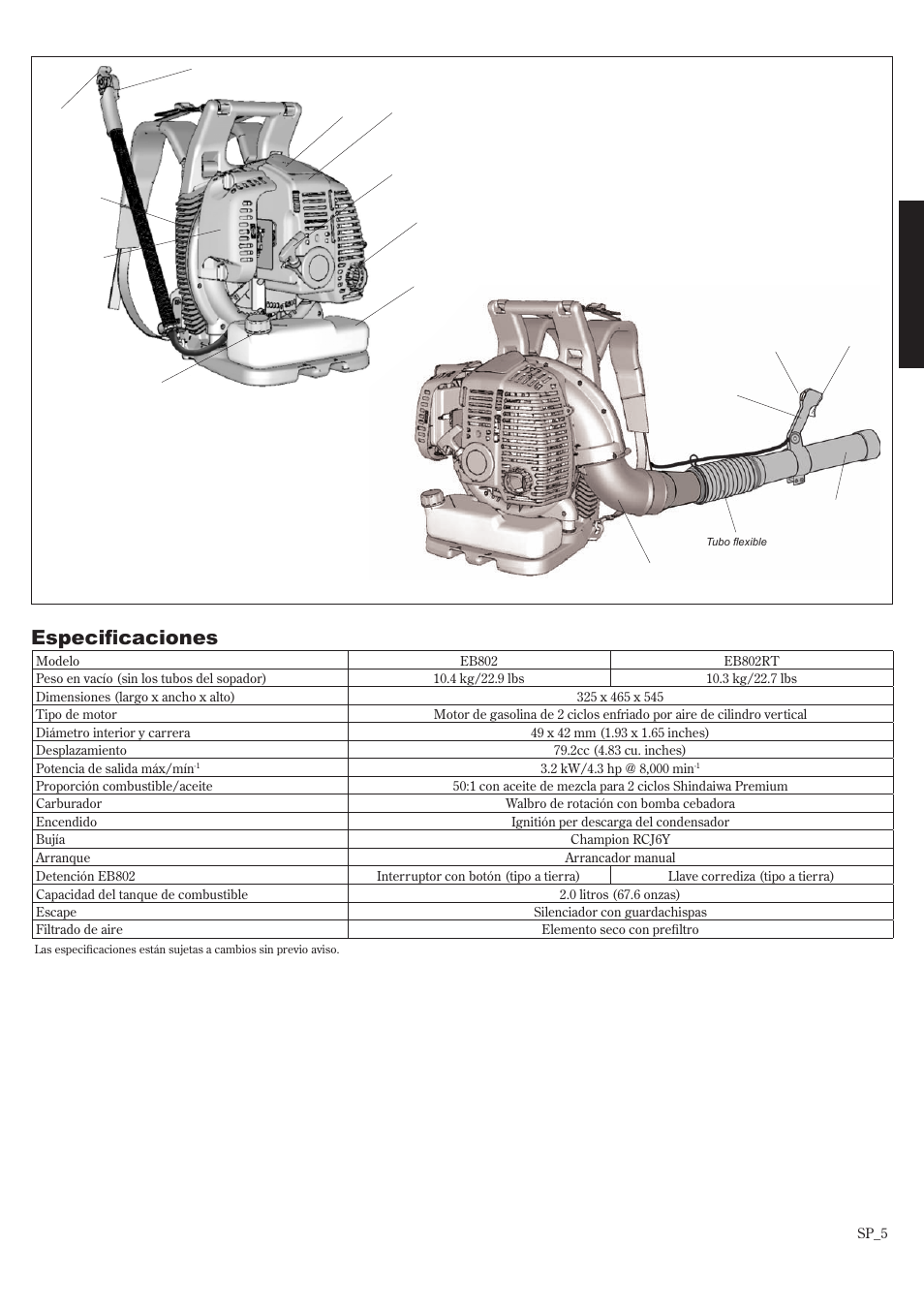 Especificaciones, Descripción de la unidad | Shindaiwa EB802RT User Manual | Page 25 / 60