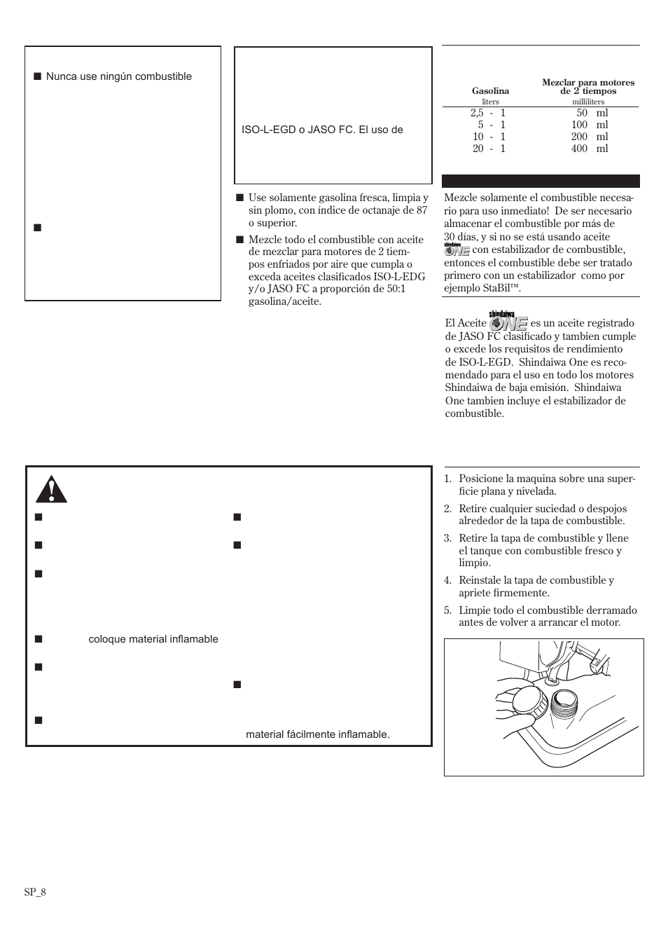 Mezcla de combustible, Llenando el tanque de combustible | Shindaiwa EB802RT User Manual | Page 28 / 60