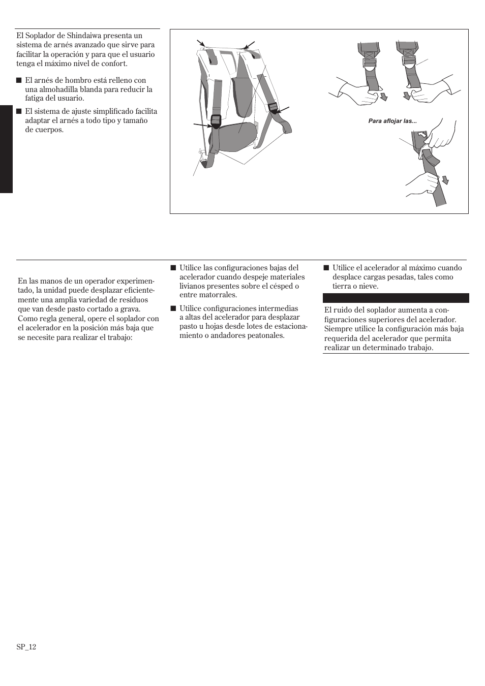 Uso del soplador, Ajuste del arnés | Shindaiwa EB802RT User Manual | Page 32 / 60