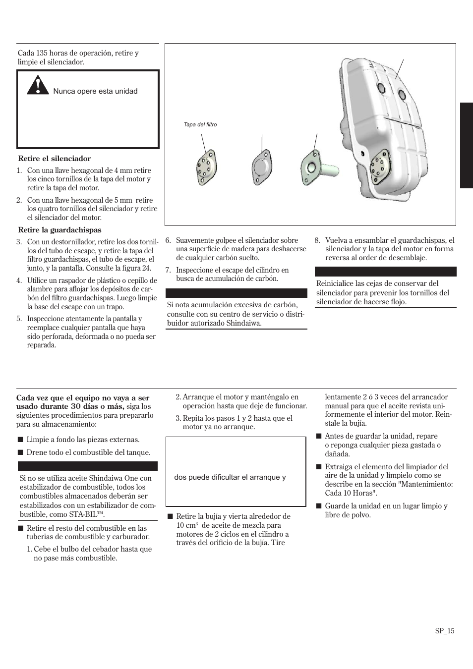 Almacenamiento prolongado, Mantenimiento (continuacion) | Shindaiwa EB802RT User Manual | Page 35 / 60