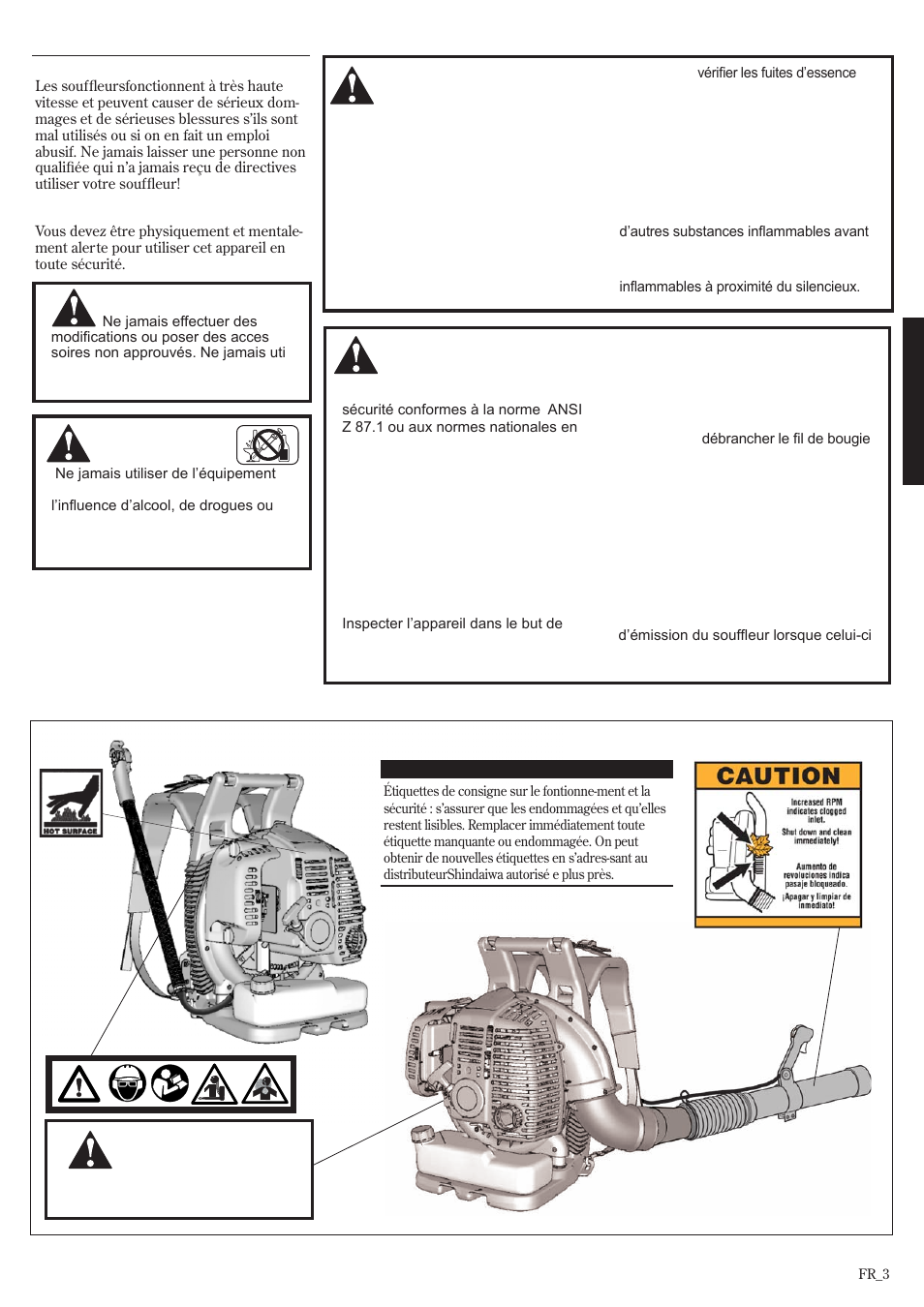 Mesures de sécurité générales, Étiquettes de sécurité | Shindaiwa EB802RT User Manual | Page 43 / 60