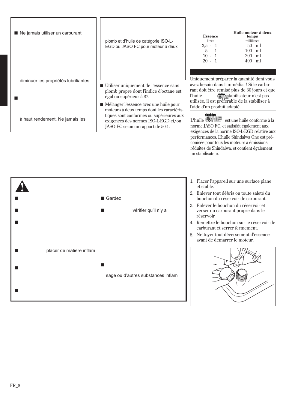 Mélange de carburant, Remplissage du réservoir à carburant | Shindaiwa EB802RT User Manual | Page 48 / 60