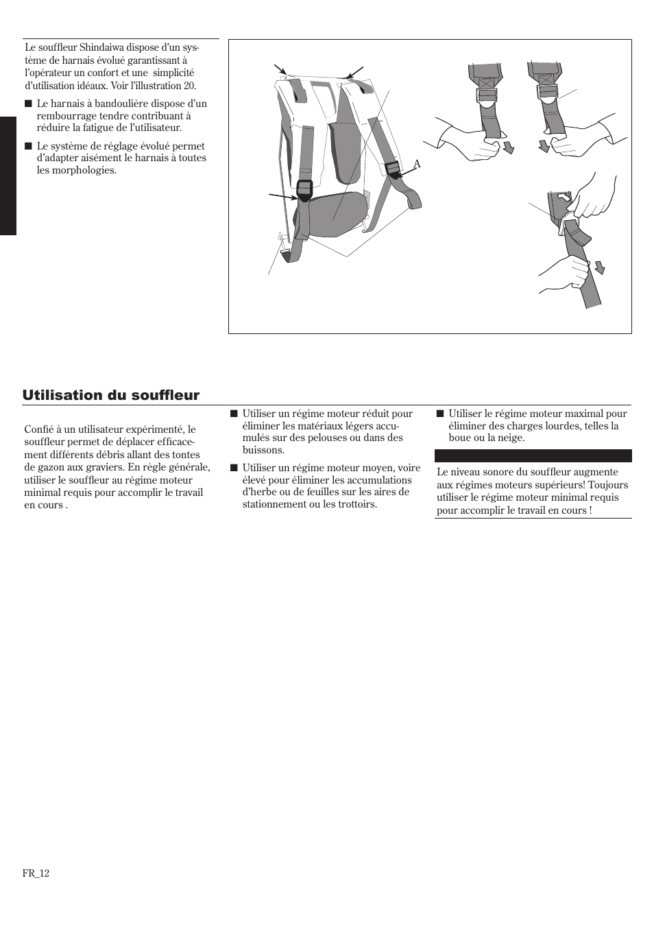 Mise en place du harnais, Utilisation du souffleur | Shindaiwa EB802RT User Manual | Page 52 / 60