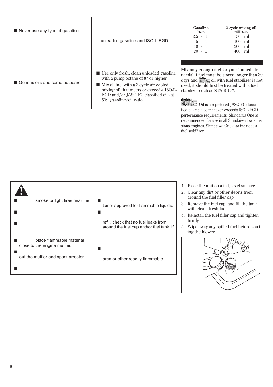 Mixing fuel, Filling the fuel tank | Shindaiwa EB802RT User Manual | Page 8 / 60