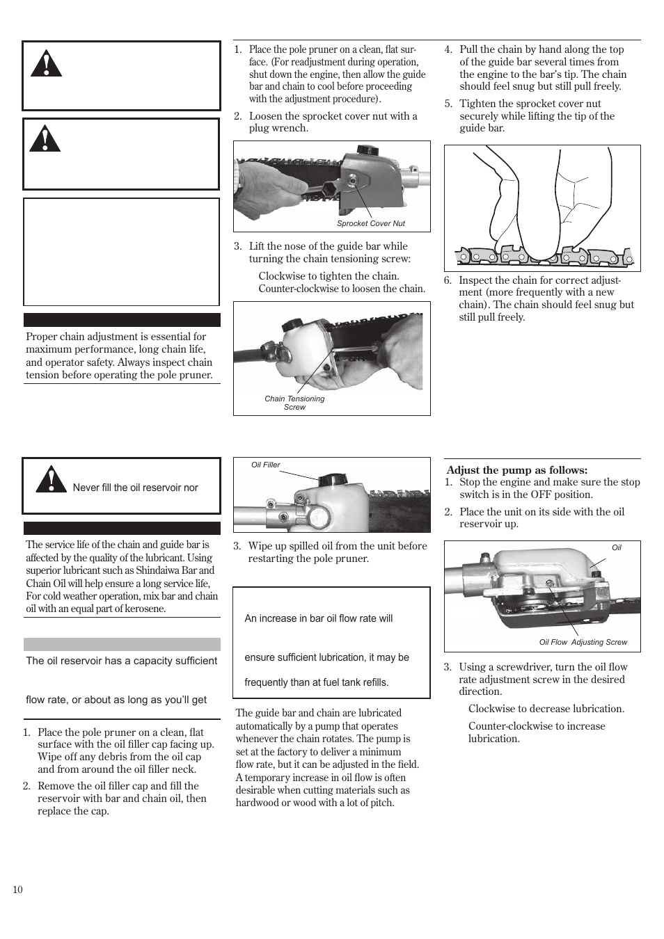 Chain oiler, Adjusting the chain | Shindaiwa P231 User Manual | Page 10 / 68