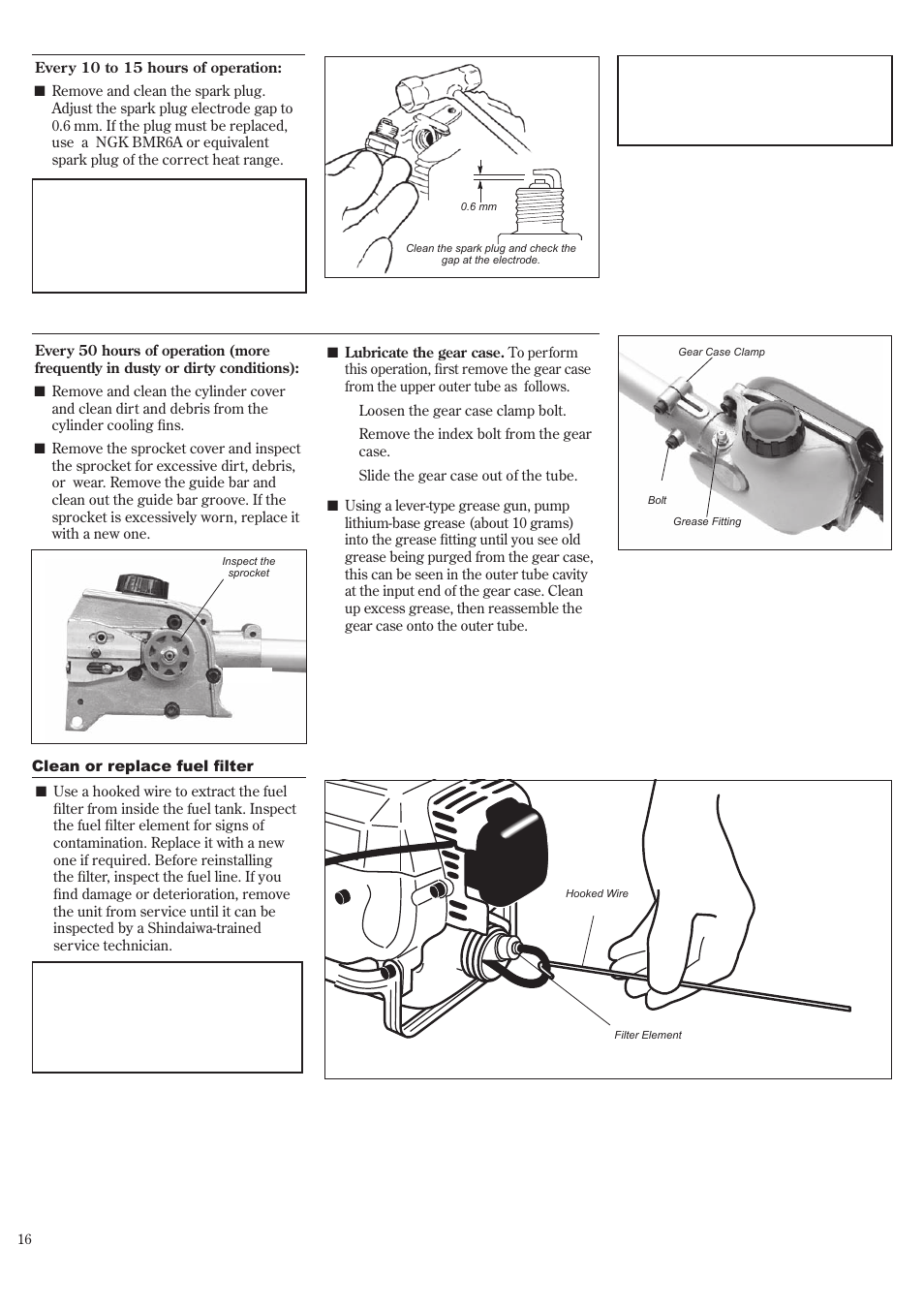 Long term storage, 10/15-hour maintenance, Hour maintenance | Shindaiwa P231 User Manual | Page 16 / 68