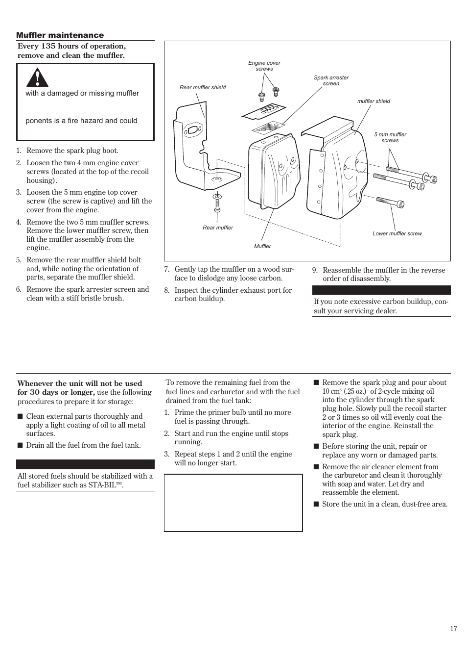 Long term storage, Maintenance (continued) | Shindaiwa P231 User Manual | Page 17 / 68