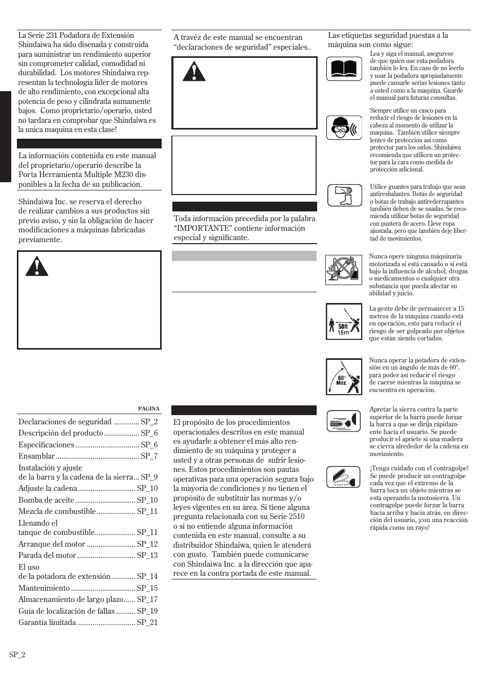 Índice introducción, Declaraciones de seguridad | Shindaiwa P231 User Manual | Page 24 / 68