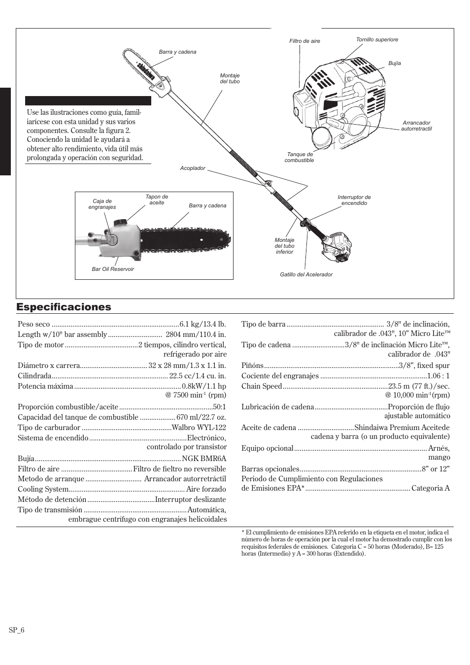 Especificaciones descripción del producto | Shindaiwa P231 User Manual | Page 28 / 68