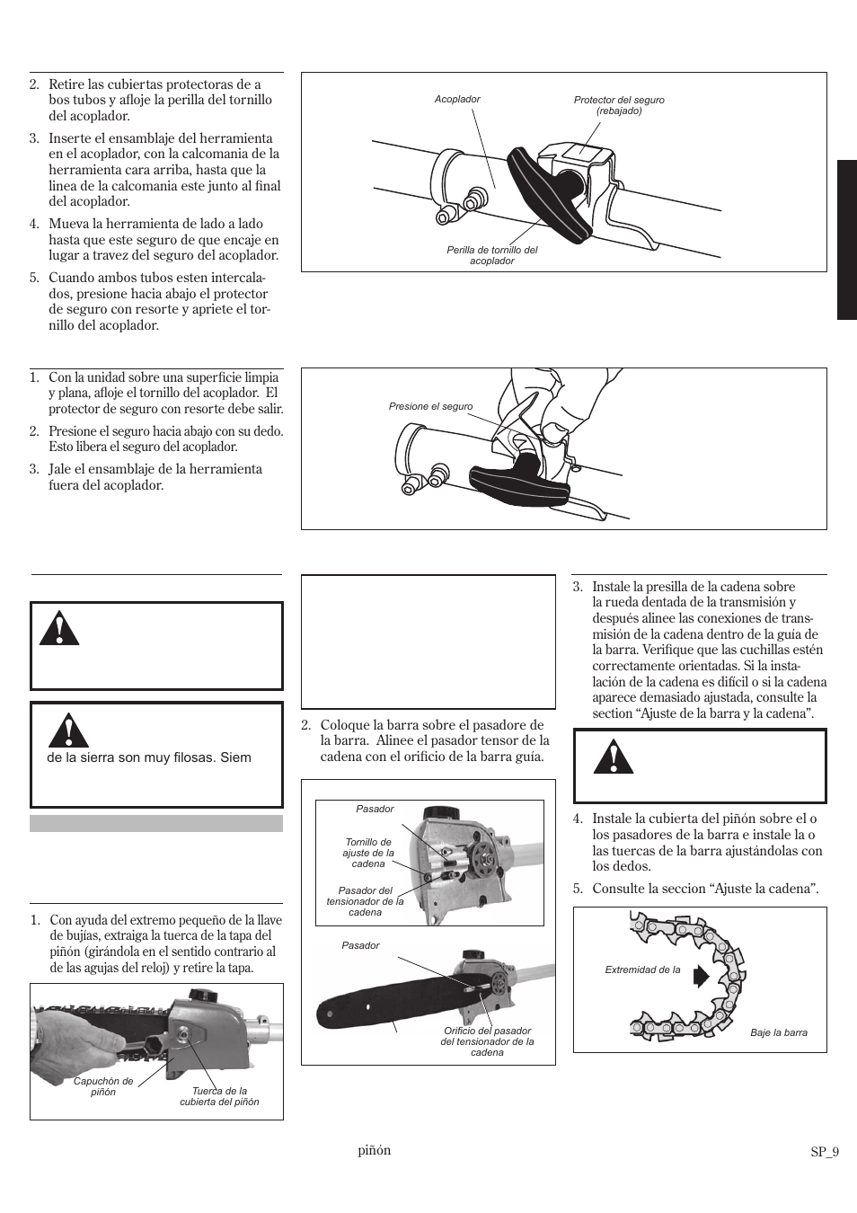 Instalación y ajuste, De la barra y la cadena de la sierra ... sp_9, Ensamblar (continuación) | Shindaiwa P231 User Manual | Page 31 / 68