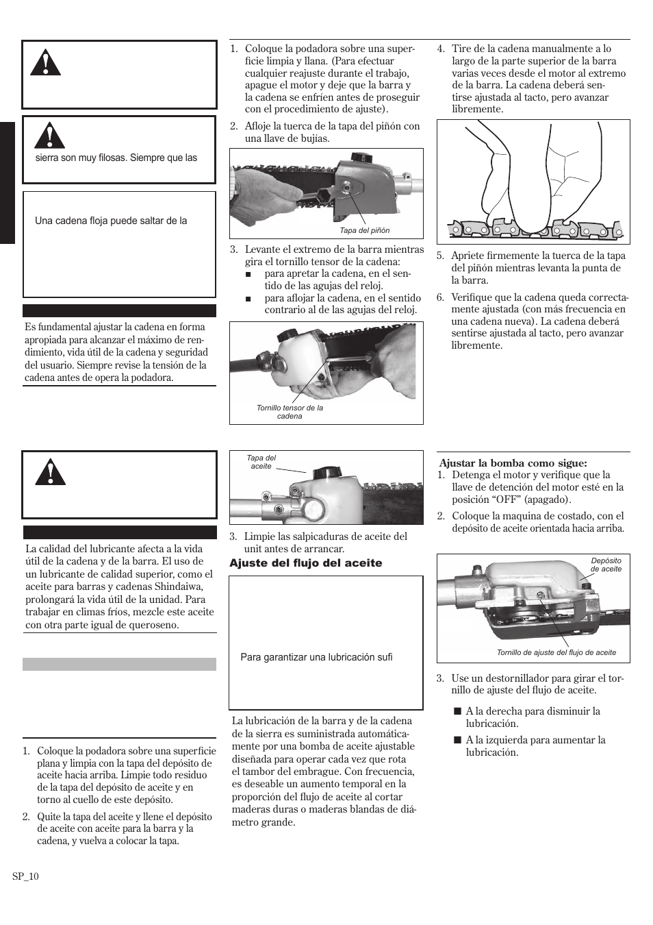 Adjuste la cadena, Bomba de aceite | Shindaiwa P231 User Manual | Page 32 / 68