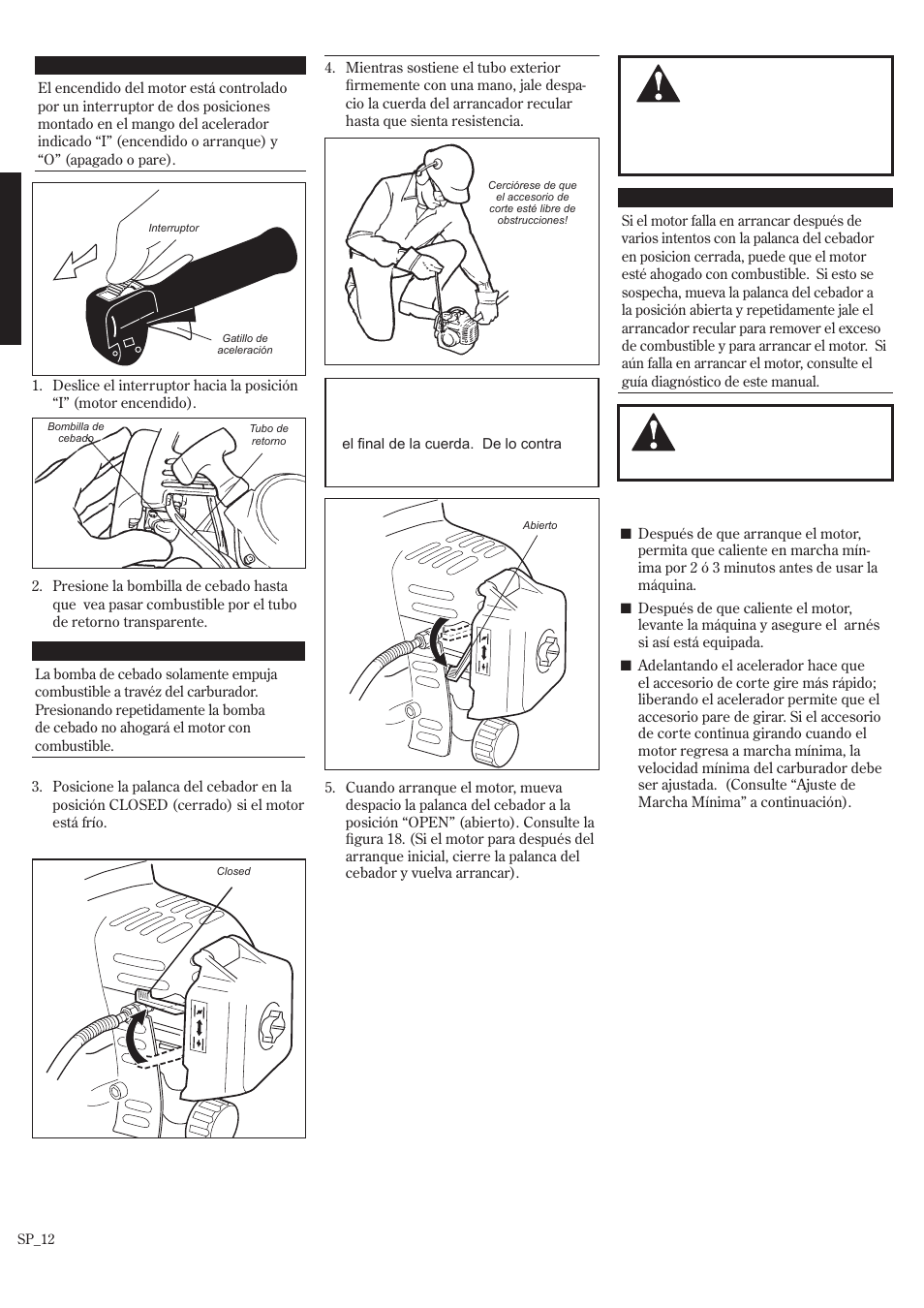 Arranque del motor ......................... sp_12, Arranque del motor | Shindaiwa P231 User Manual | Page 34 / 68