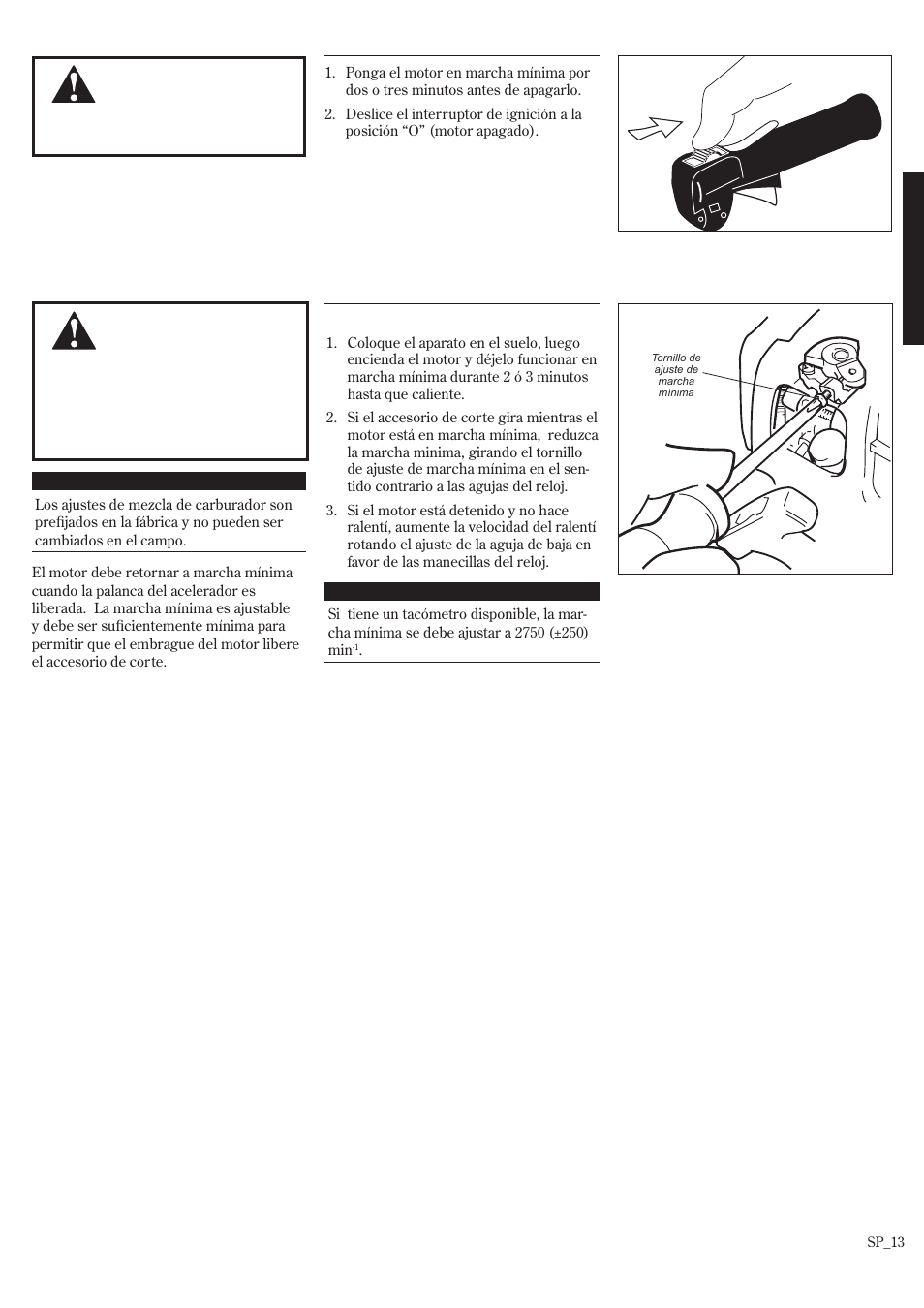 Parada del motor ajuste de marcha mínima del motor | Shindaiwa P231 User Manual | Page 35 / 68