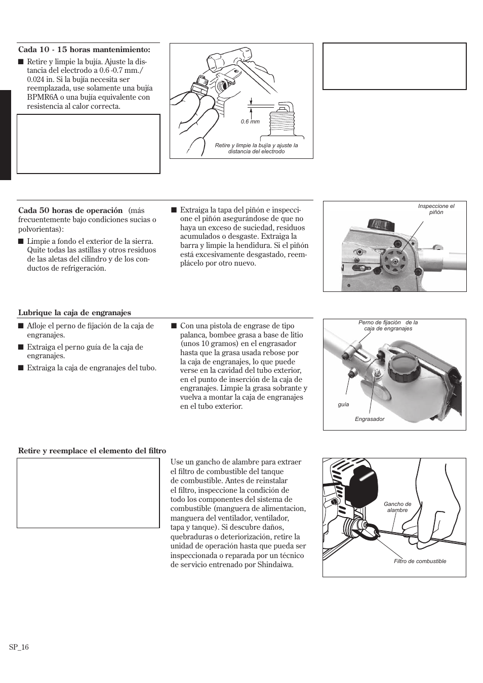 Mantenimiento (continuación) | Shindaiwa P231 User Manual | Page 38 / 68