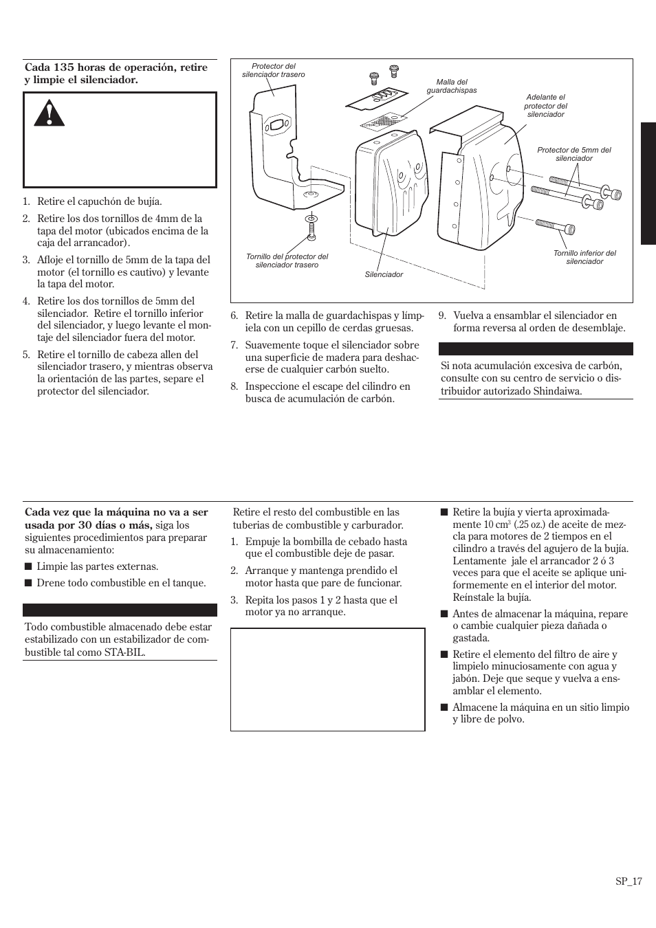 Almacenamiento de largo plazo ...... sp_17, Almacenamiento de largo plazo, Mantenimiento (continuación) | Shindaiwa P231 User Manual | Page 39 / 68