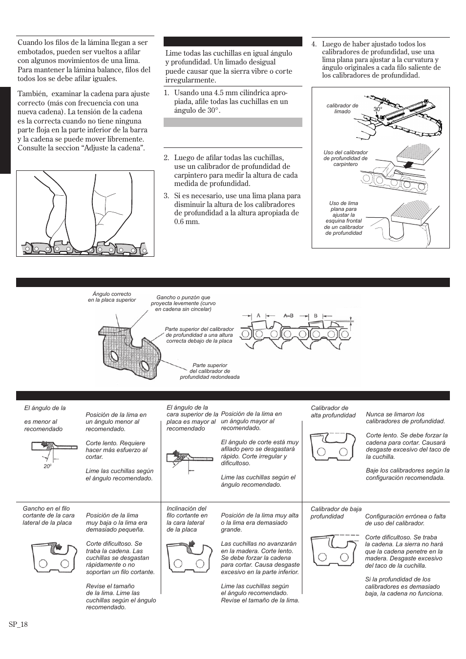 Mantenimiento (continuación), Rendimiento de la cadena | Shindaiwa P231 User Manual | Page 40 / 68