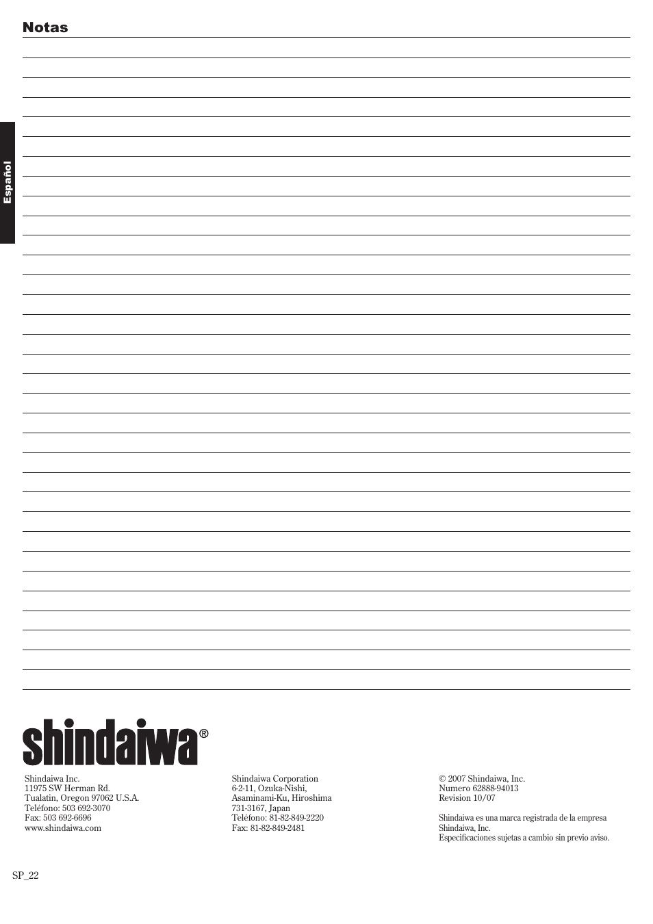 Sp_21, Notas | Shindaiwa P231 User Manual | Page 44 / 68