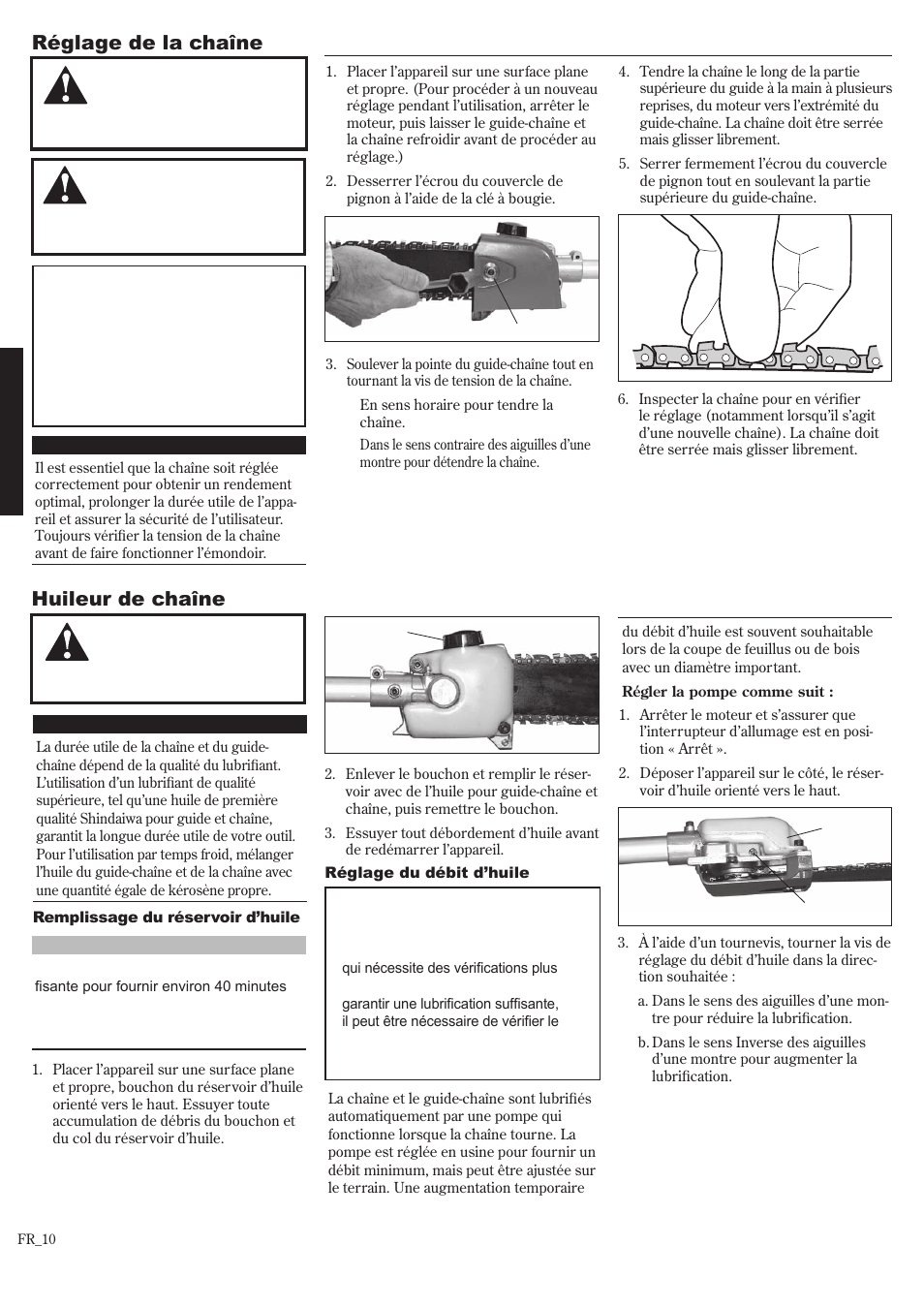 Réglage de la chaîne, Huileur de chaîne | Shindaiwa P231 User Manual | Page 54 / 68