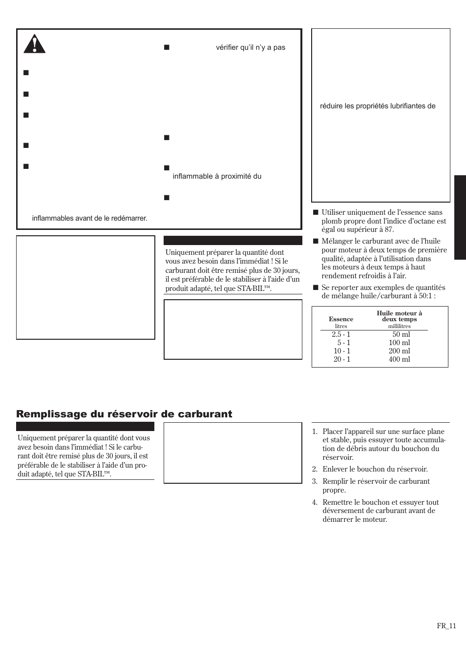 Réservoir de carburant .....................fr_11, Mélange de carburant, Remplissage du réservoir de carburant | Shindaiwa P231 User Manual | Page 55 / 68