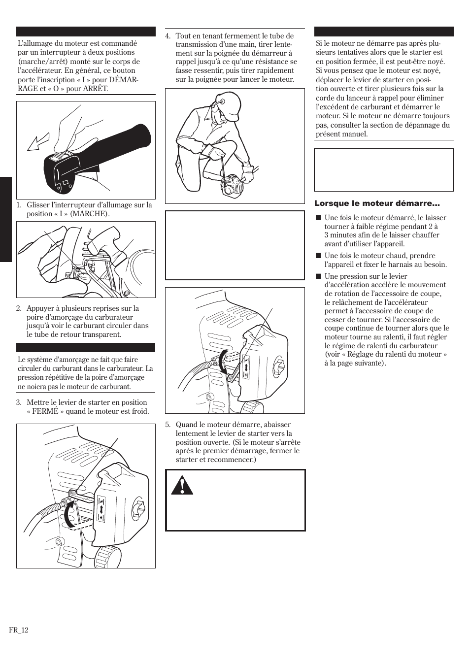 Démarrage du moteur ....................fr_12, Démarrage du moteur | Shindaiwa P231 User Manual | Page 56 / 68