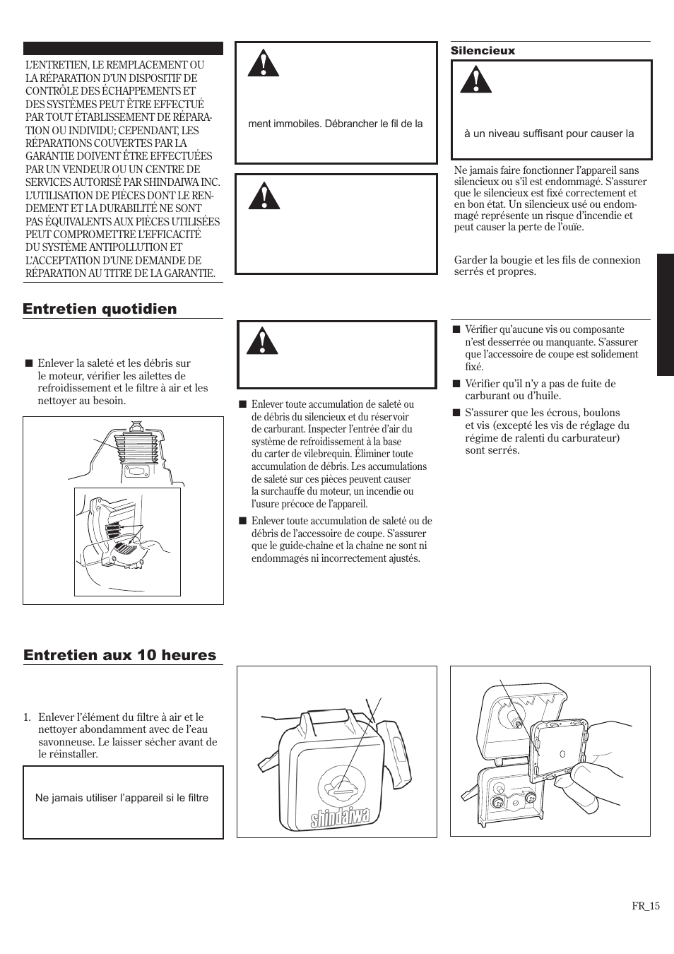 Entretien aux 10 heures, Entretien quotidien, Entretien | Shindaiwa P231 User Manual | Page 59 / 68