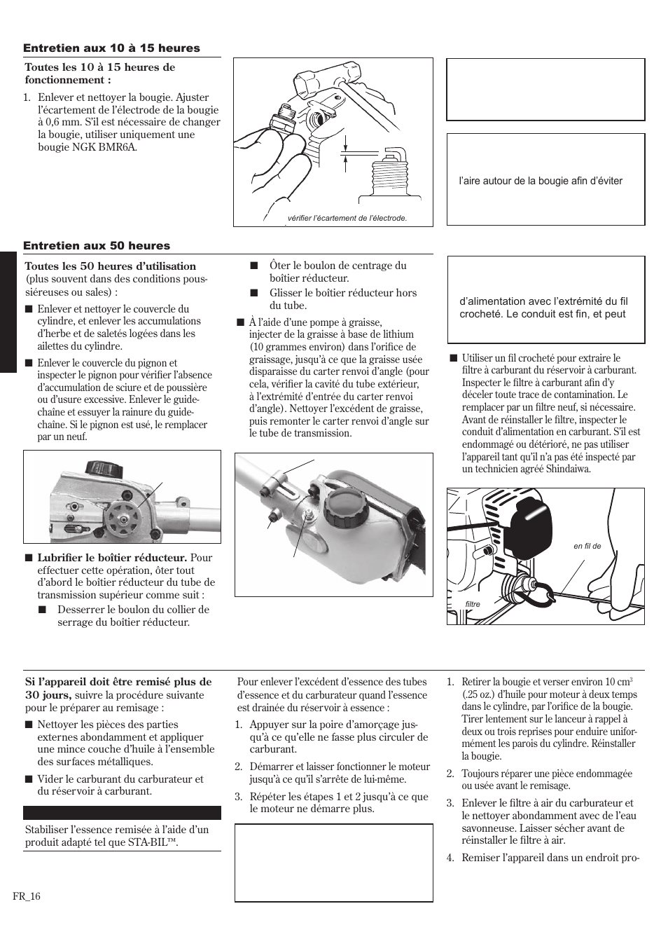 Remisage à long terme ....................fr_16, Remisage à long terme, Entretien (suite) | Shindaiwa P231 User Manual | Page 60 / 68