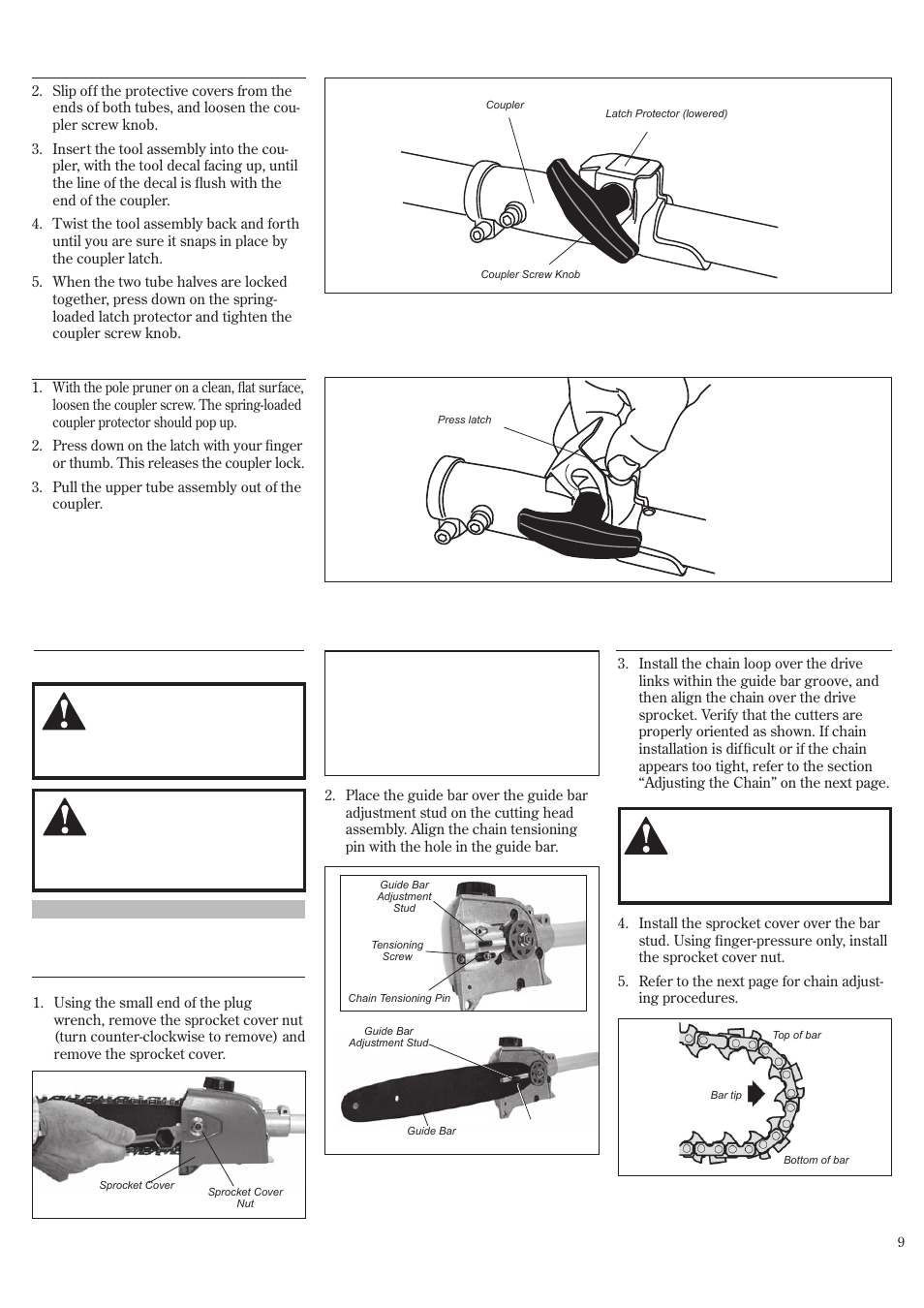 Assembly, Installing and adjusting the bar and chain, Assembly installing and adjusting | The bar and chain, Assembly (continued) | Shindaiwa P231 User Manual | Page 9 / 68