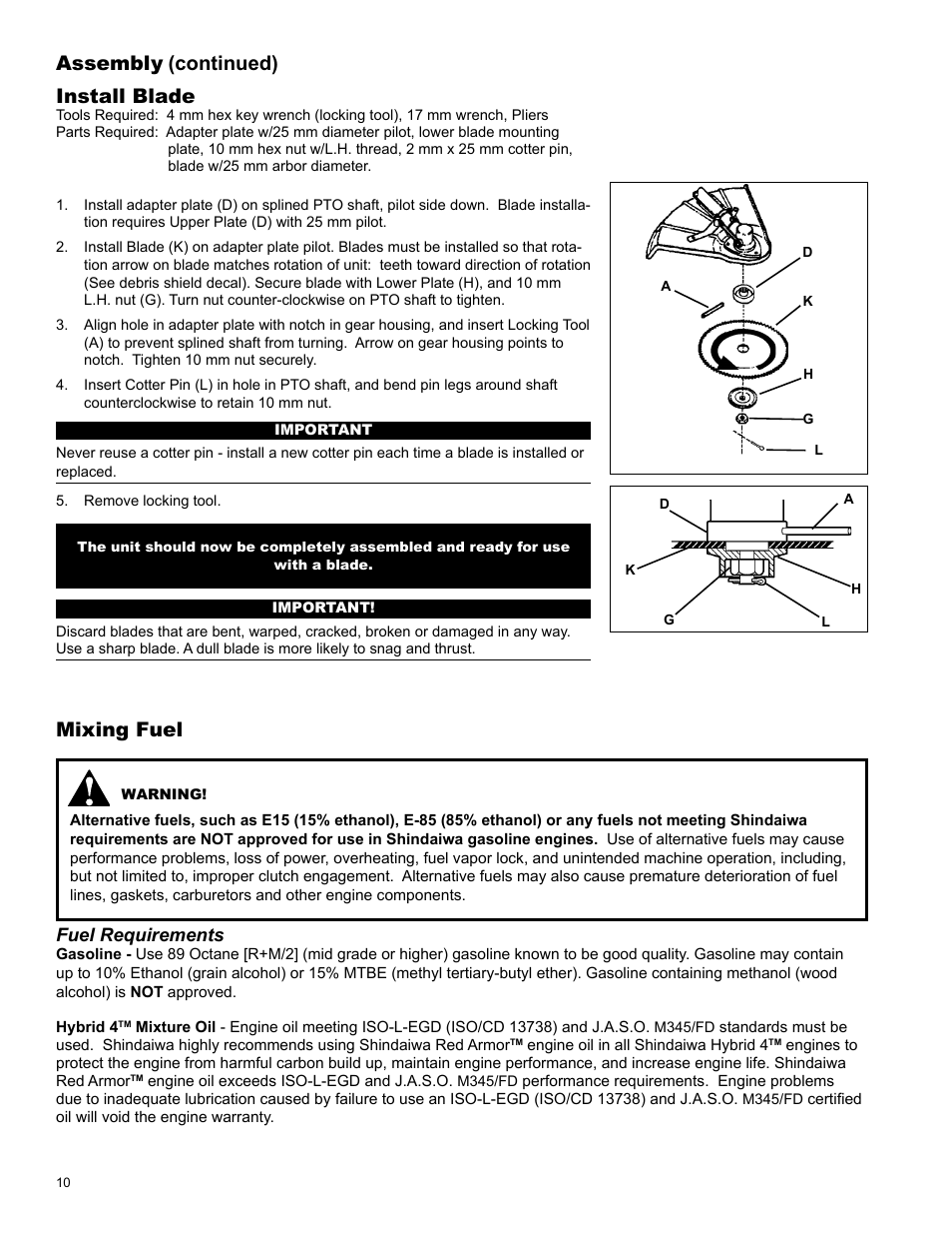 Mixing fuel, Install blade, Assembly | Continued), Fuel requirements | Shindaiwa C344 User Manual | Page 10 / 32