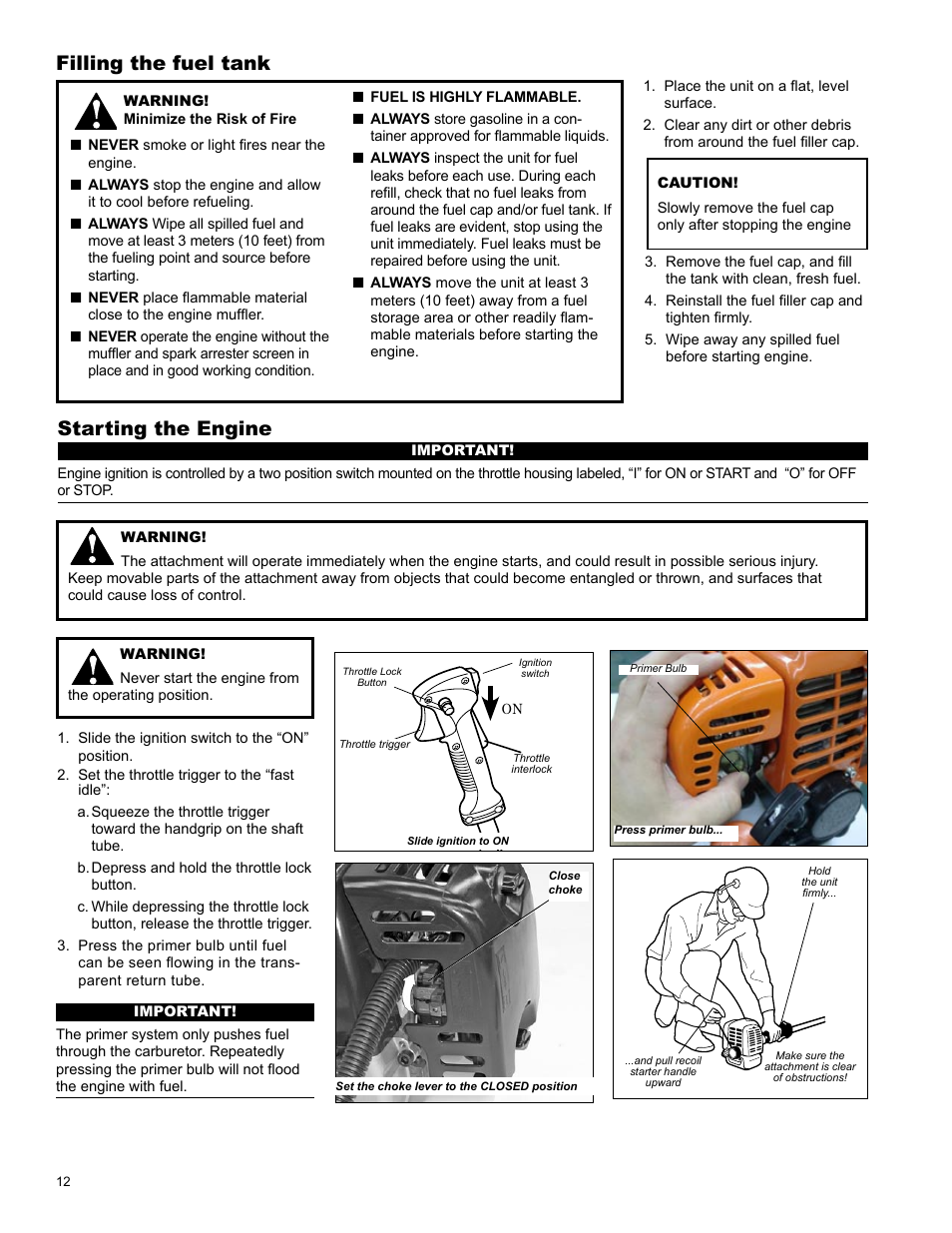 Filling the fuel tank, Starting the engine | Shindaiwa C344 User Manual | Page 12 / 32